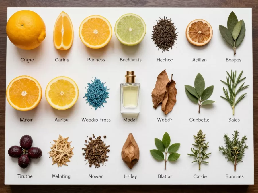 Different fragrance families ingredients displayed