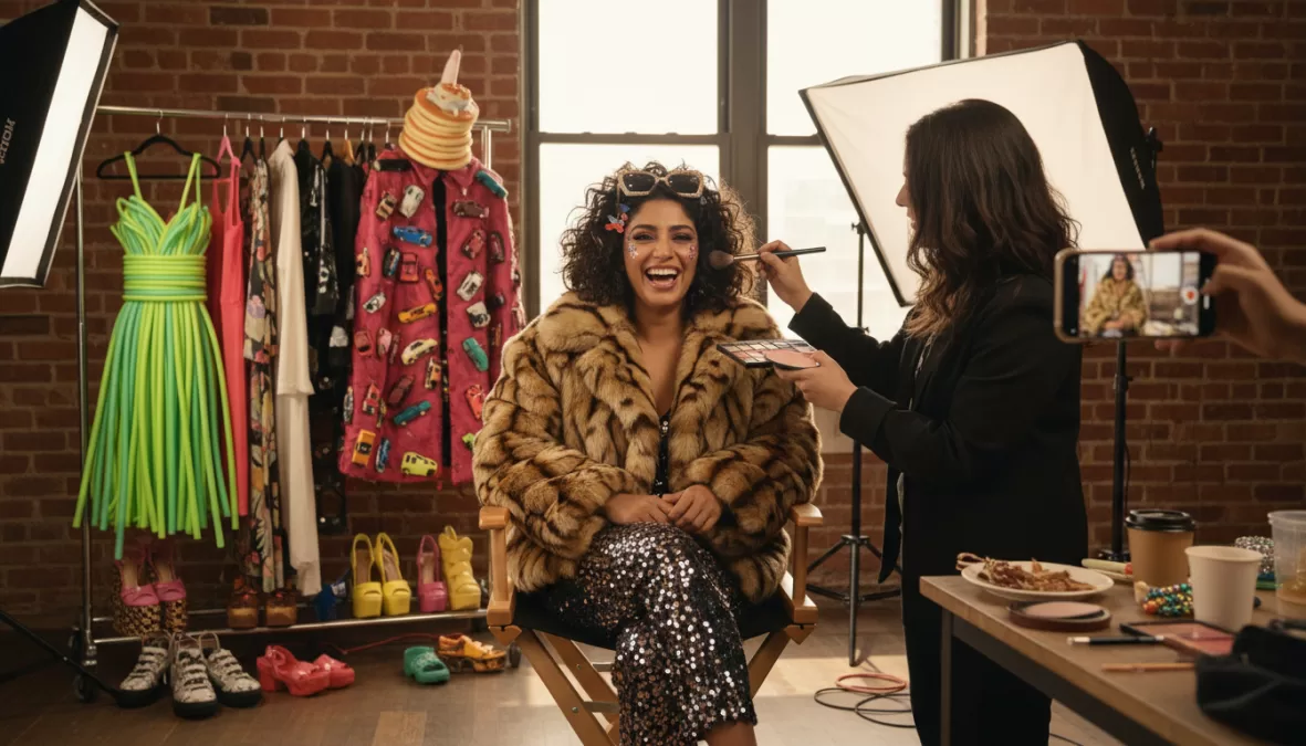 Dolly Singh creating fashion content and comedy sketches