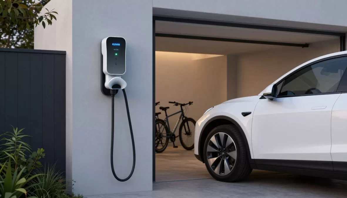 Electric vehicle charging at home in Australian garage
