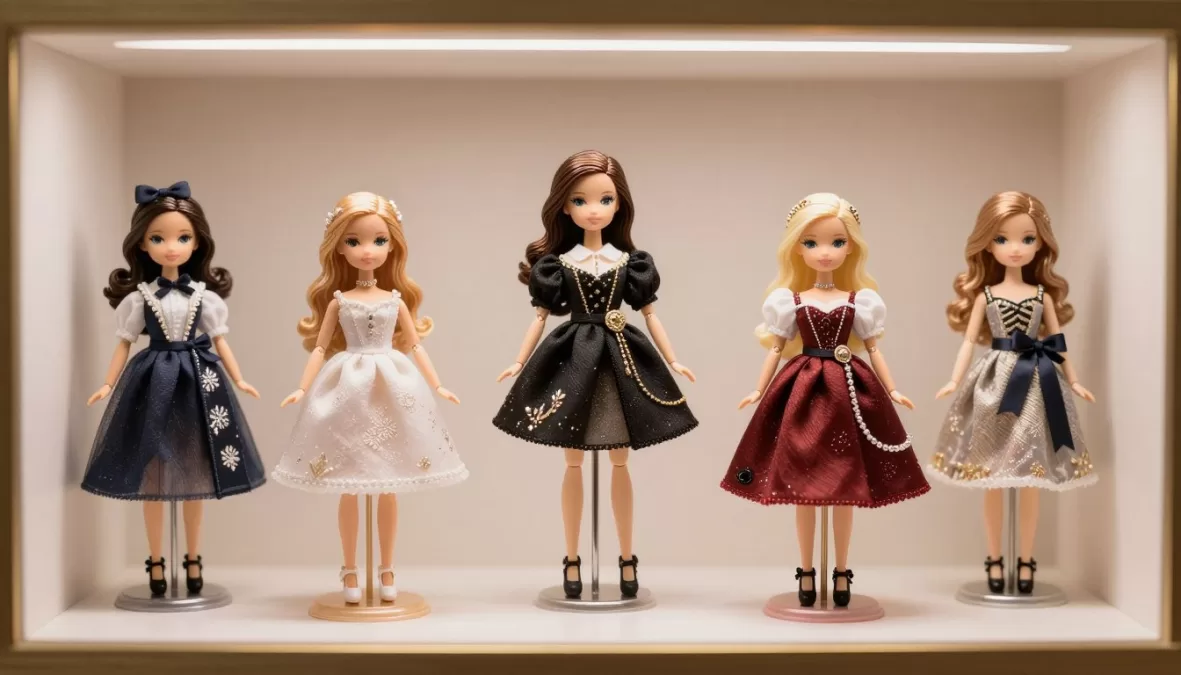 Eloise doll complete wardrobe display showing multiple designer outfits