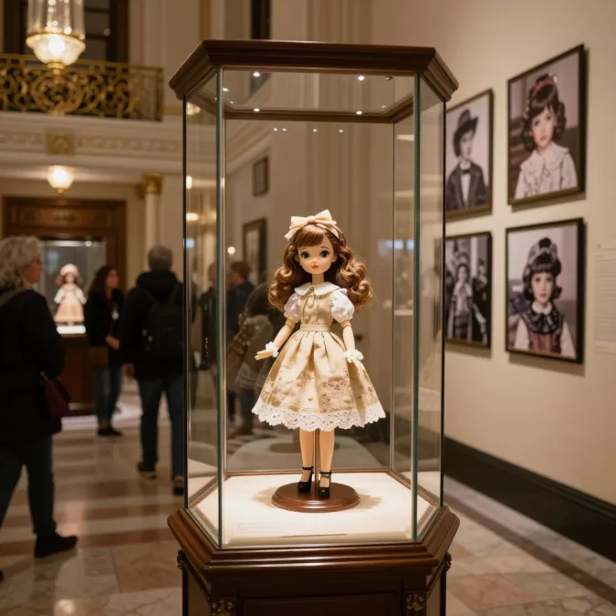 Eloise doll in display case at Plaza Hotel exhibition