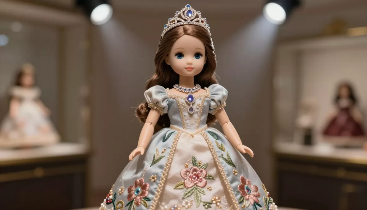 Eloise luxury doll with designer dress and jewelry in boutique setting