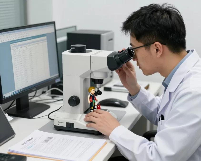 Expert authenticating luxury toy using magnification and reference materials