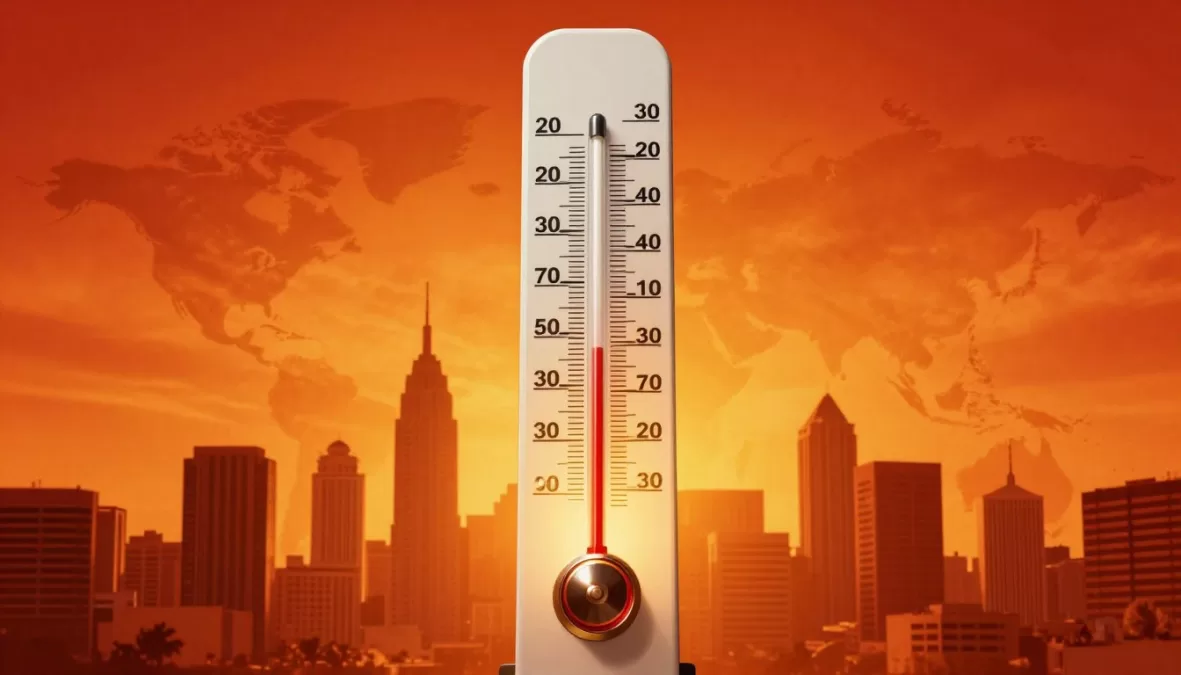Extreme heat waves affecting the hottest cities in the world in May 2026 with thermometer showing high temperatures