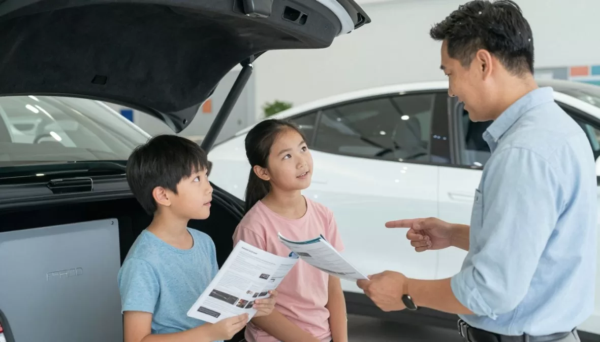 Family discussing electric car purchase options