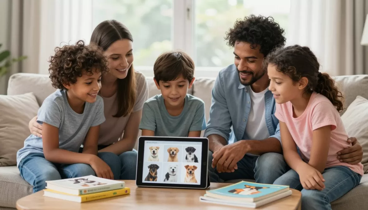 Family discussing pet options together at home