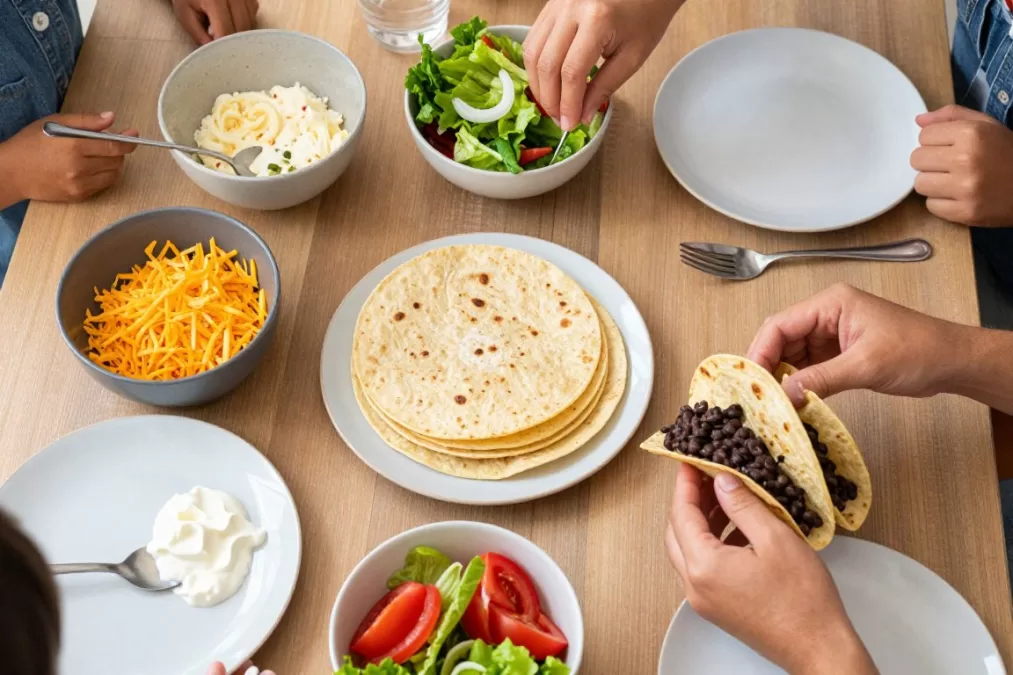 Family hands building tacos at dinner table