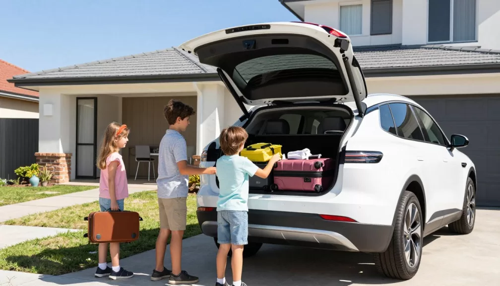 Family loading luggage into an electric SUV in Australian driveway