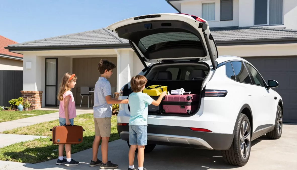 Family loading luggage into an electric SUV in Australian driveway