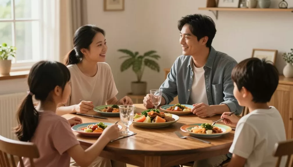 Family of four enjoying dinner together at dining table