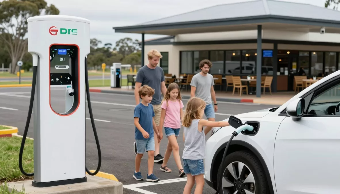 Family using public EV charger in Australia