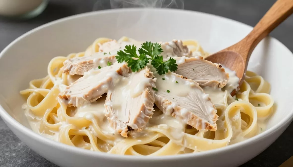 Fettuccine alfredo with chicken in serving bowl