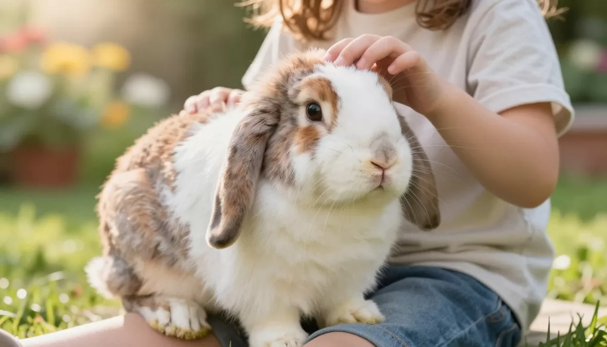 Fluffy rabbit being pet by child in outdoor enclosure