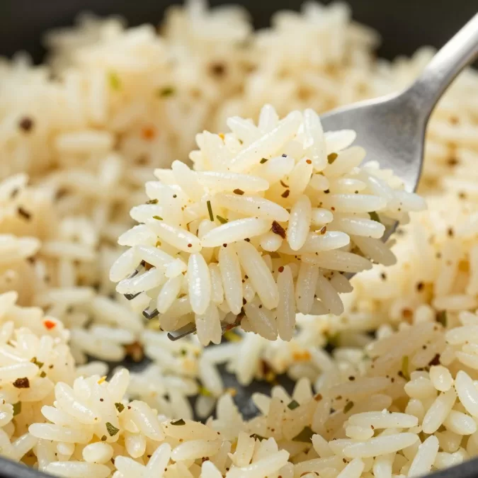 Fluffy rice with visible herbs and spices