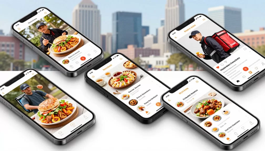 Food delivery companies in USA showing various delivery apps and meal options