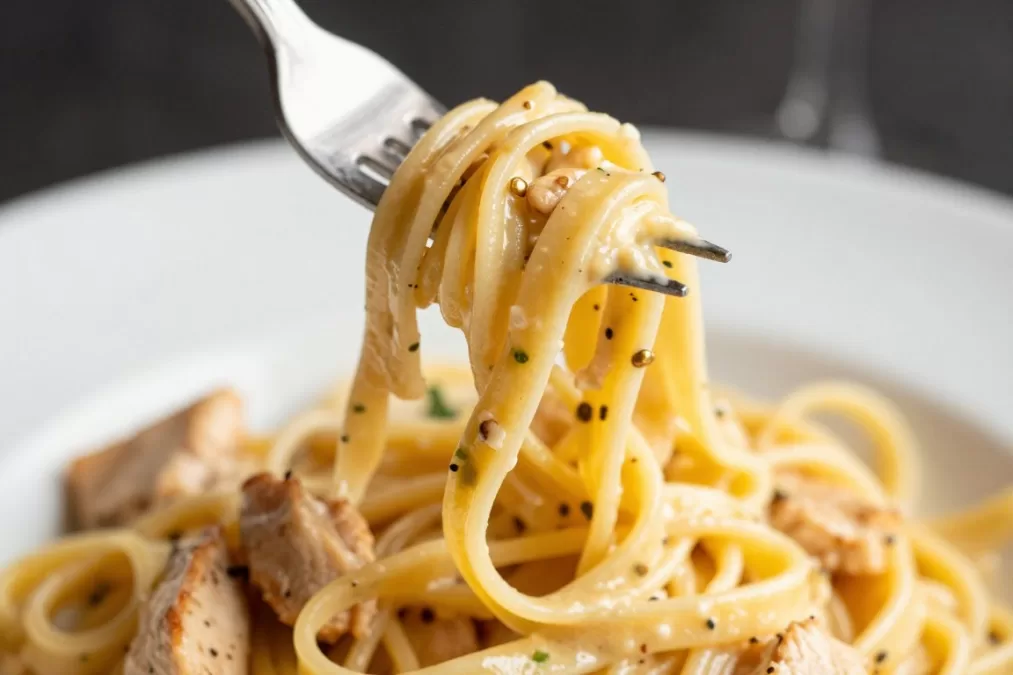 Fork twirling creamy alfredo pasta with chicken