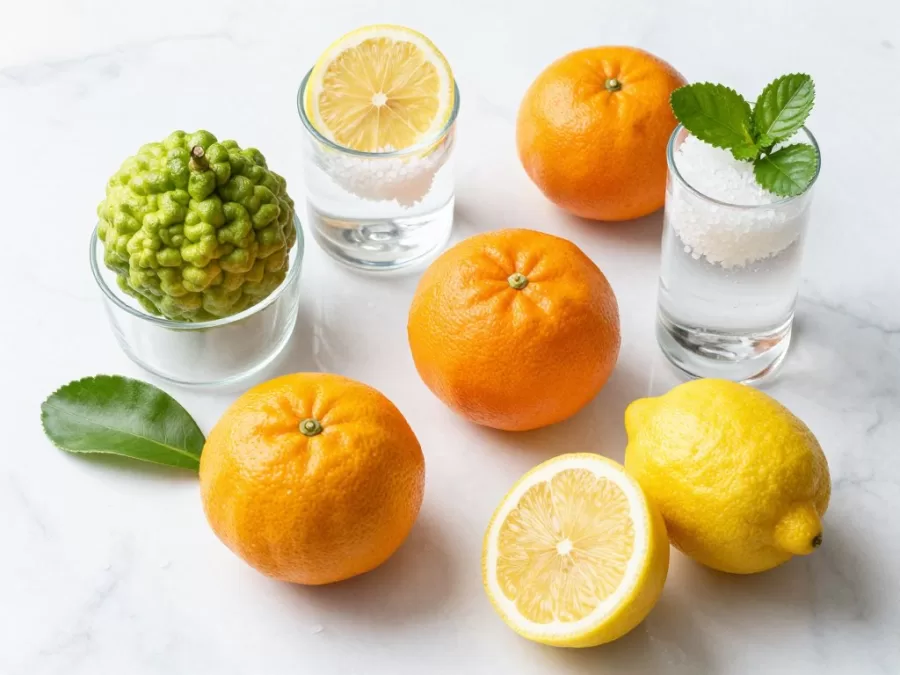 Fresh citrus and aquatic fragrance ingredients on marble surface