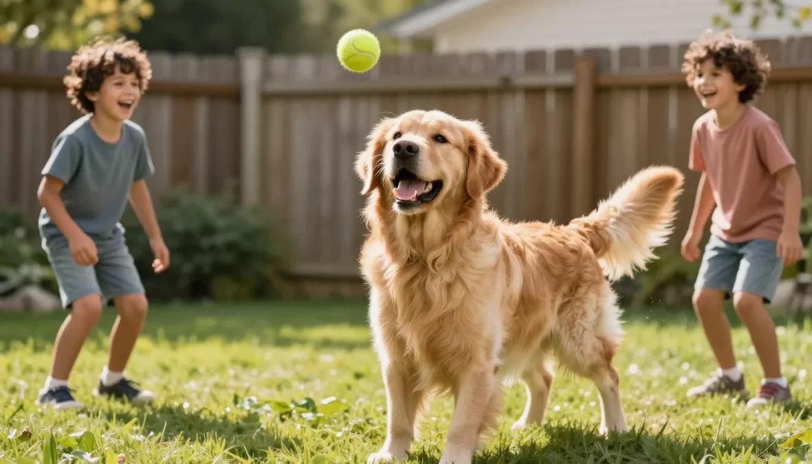 Friendly golden retriever playing fetch with children in backyard
