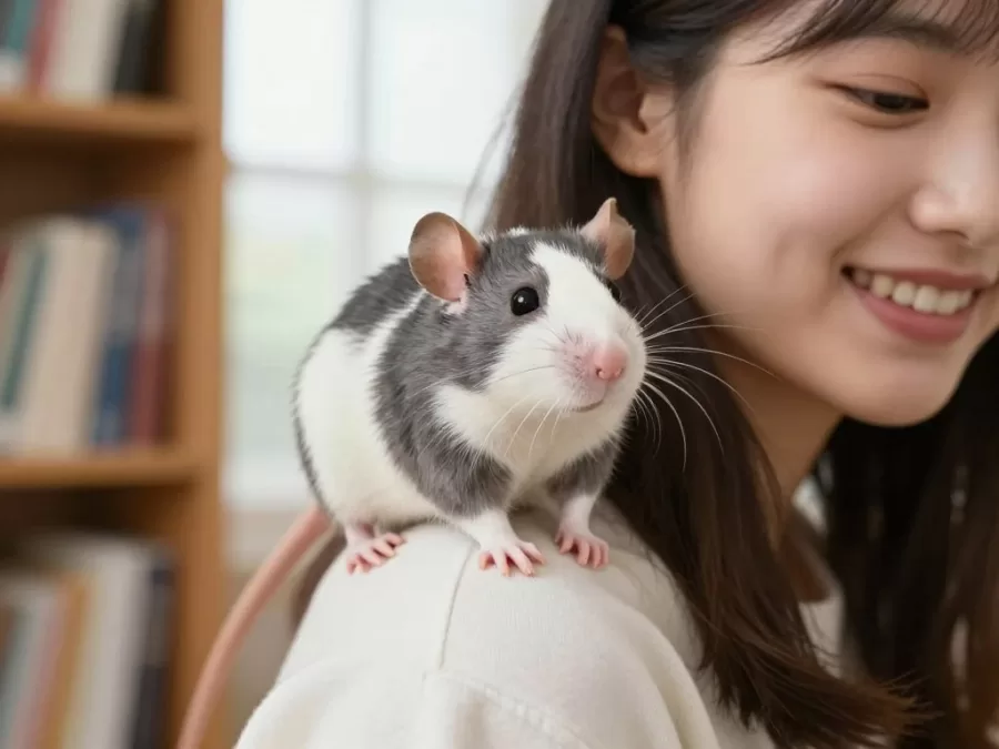 Friendly pet rat sitting on teenager's shoulder