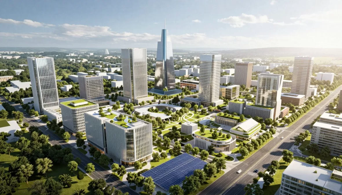 Future city with sustainable cooling infrastructure and green spaces