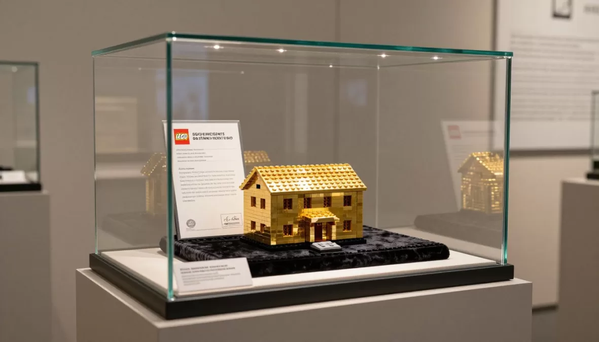 Gold Lego brick displayed in museum case with authentication certificate