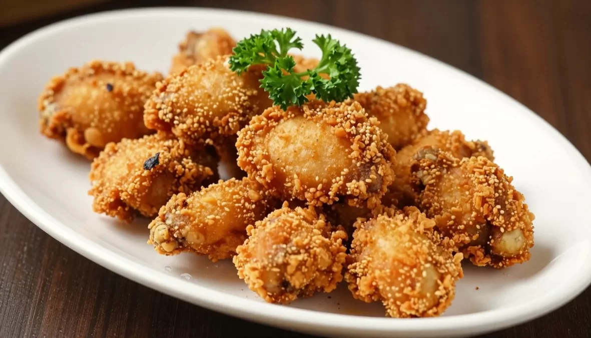 Golden crispy air fryer chicken pieces on white platter