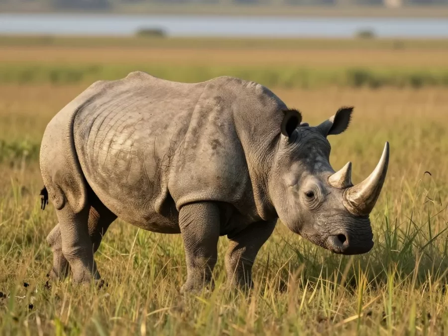 Greater one-horned rhinoceros grazing in wetland grassland
