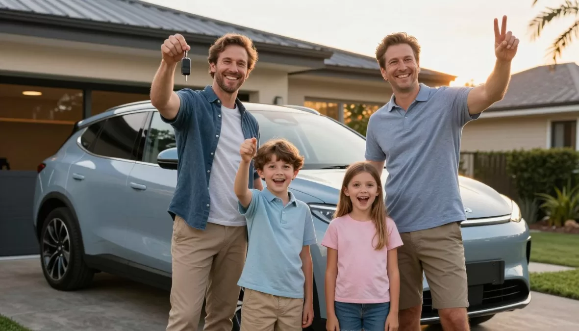 Happy Australian family with their new electric vehicle
