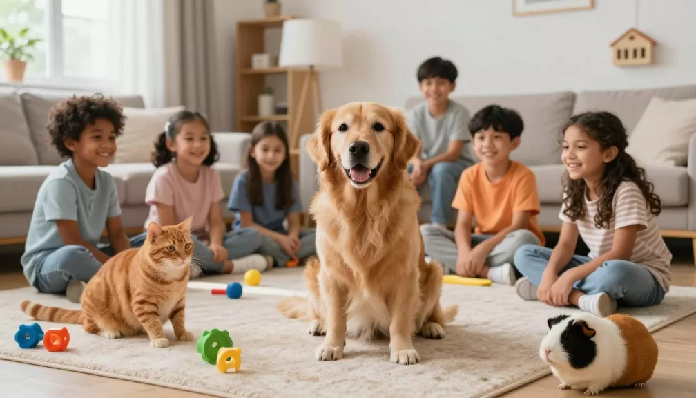Happy children playing with various pets including dogs, cats, and small animals in a family home setting