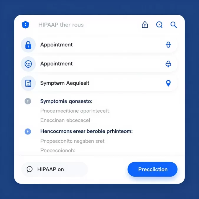 Healthcare chatbot interface showing appointment scheduling and HIPAA compliance features