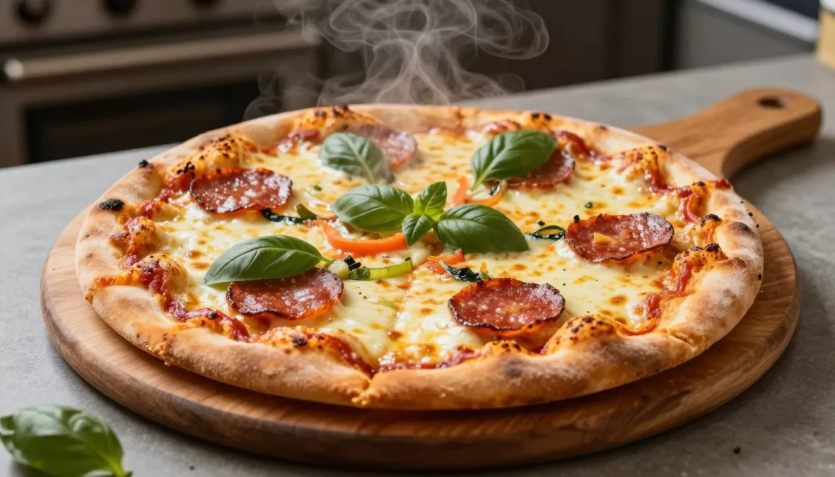 Homemade pizza with melted cheese and toppings