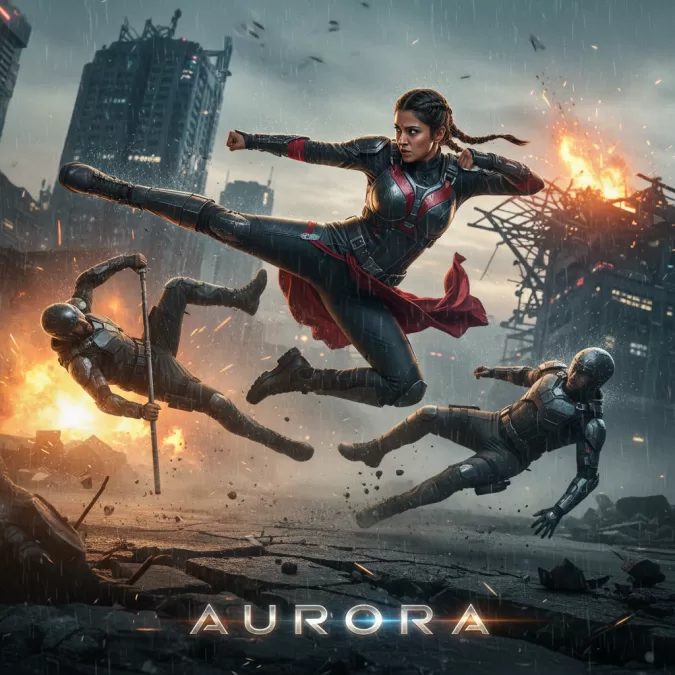 Indian actress in action movie performing stunts