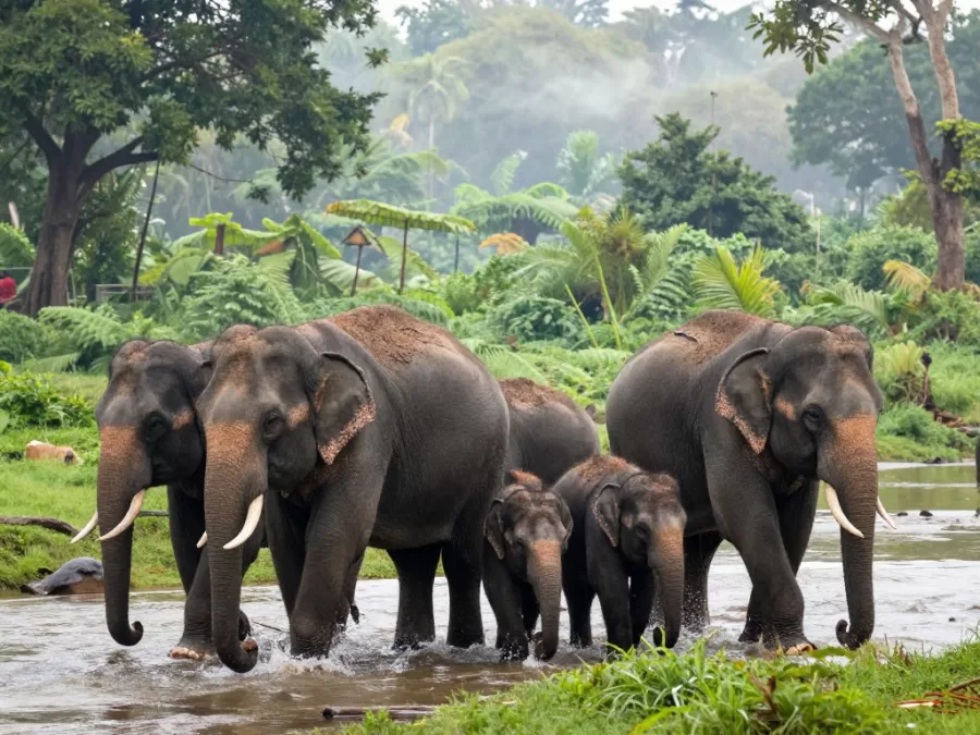Indian elephant herd walking through forest stream with babies