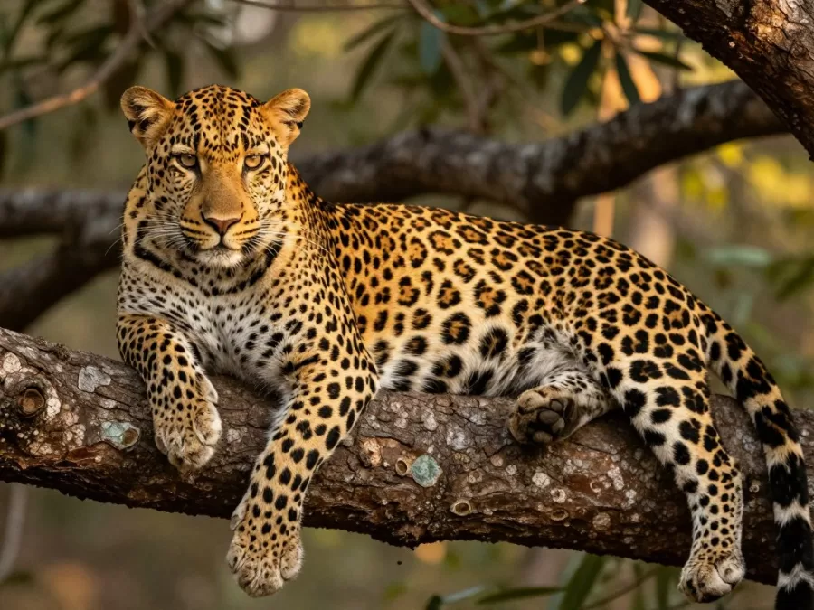 Indian leopard resting on tree branch showing spotted coat pattern