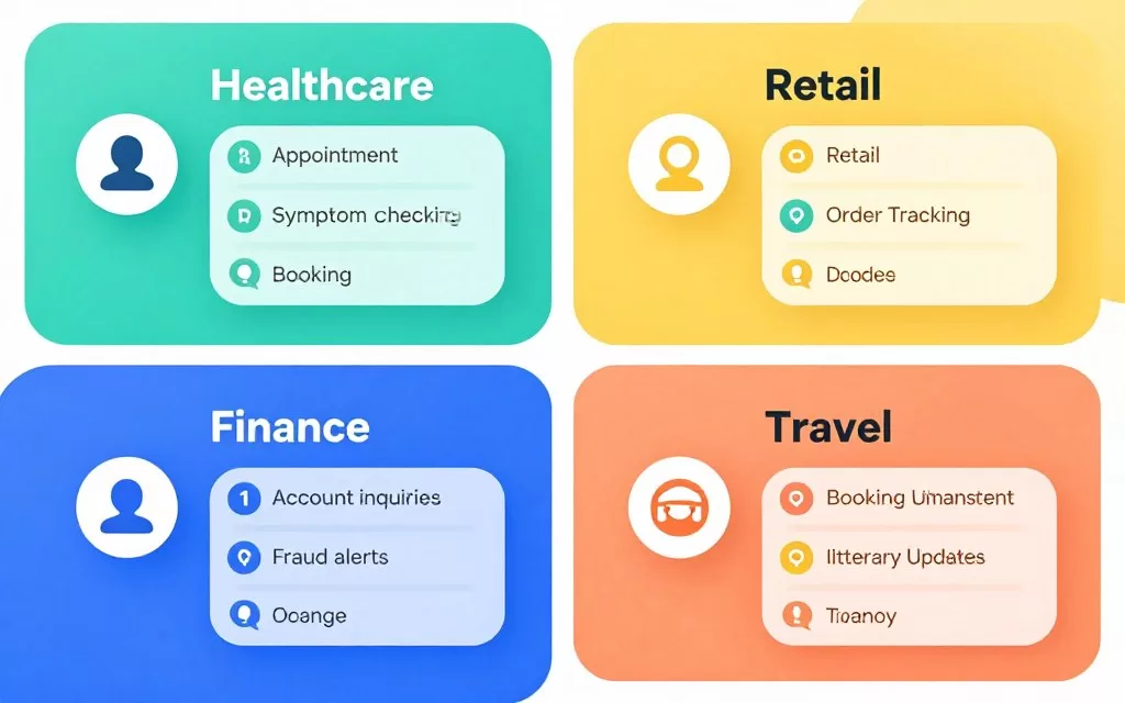 Industry-specific chatbot use cases showing healthcare, retail, finance, and travel applications