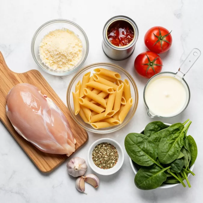 Ingredients for creamy chicken pasta laid out on counter