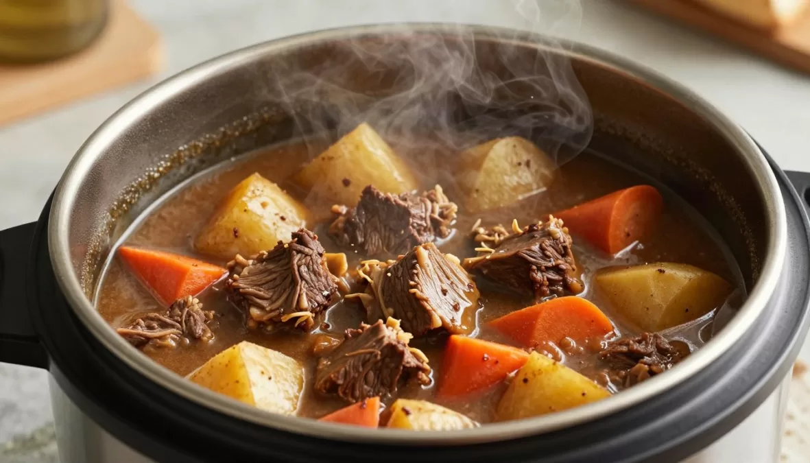 Instant pot filled with beef stew and vegetables