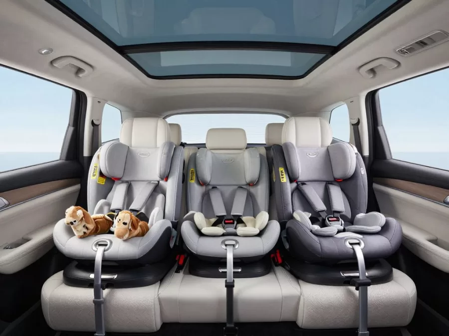 Interior view of electric SUV showing spacious third row seating