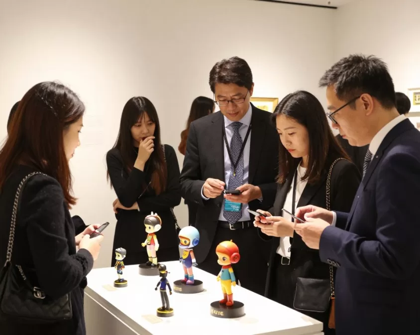 International collectors examining luxury toys at exclusive preview event