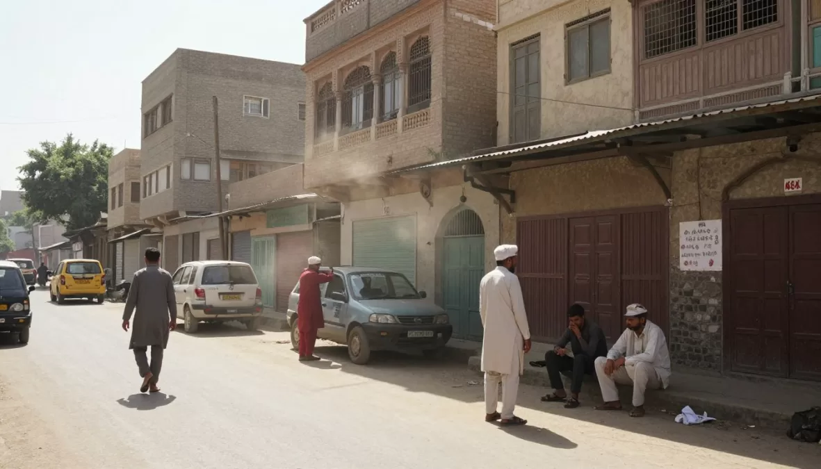 Jacobabad street scene during extreme heat with local residents coping with high temperatures