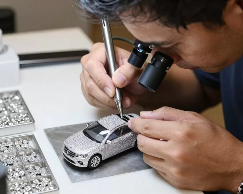 Jeweler setting diamonds on toy car model in workshop