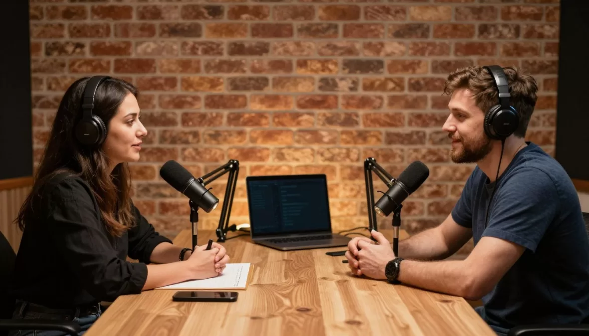 Joe Rogan in podcast studio with microphone and guest