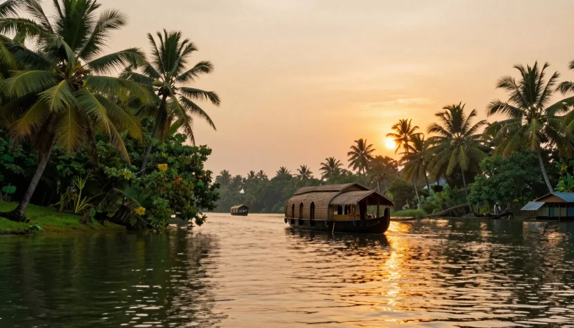 Kerala backwaters with traditional houseboat perfect for destination wedding venue