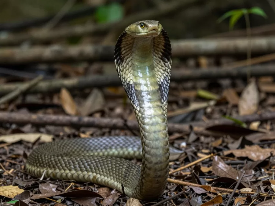 King cobra with hood extended in defensive posture in forest