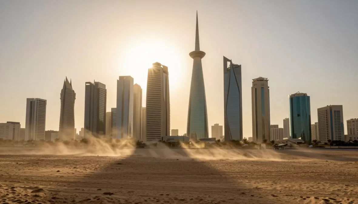 Kuwait City skyline during extreme heat with visible heat waves distorting the air