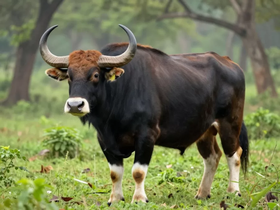 Large Indian gaur bull with distinctive white stockings standing in forest clearing