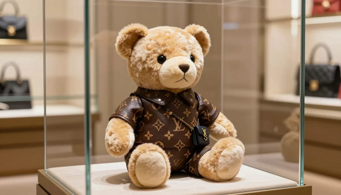 Louis Vuitton designer teddy bear wearing luxury branded outfit in glass display case