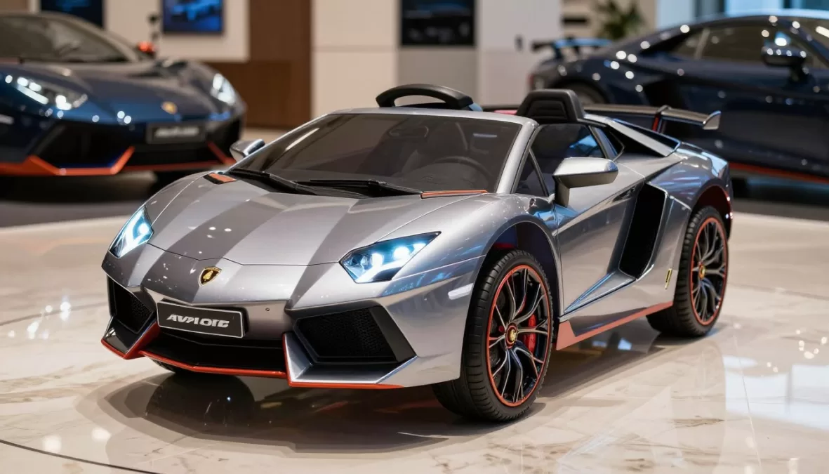 Luxury Lamborghini ride-on toy car for children in showroom with LED lights activated