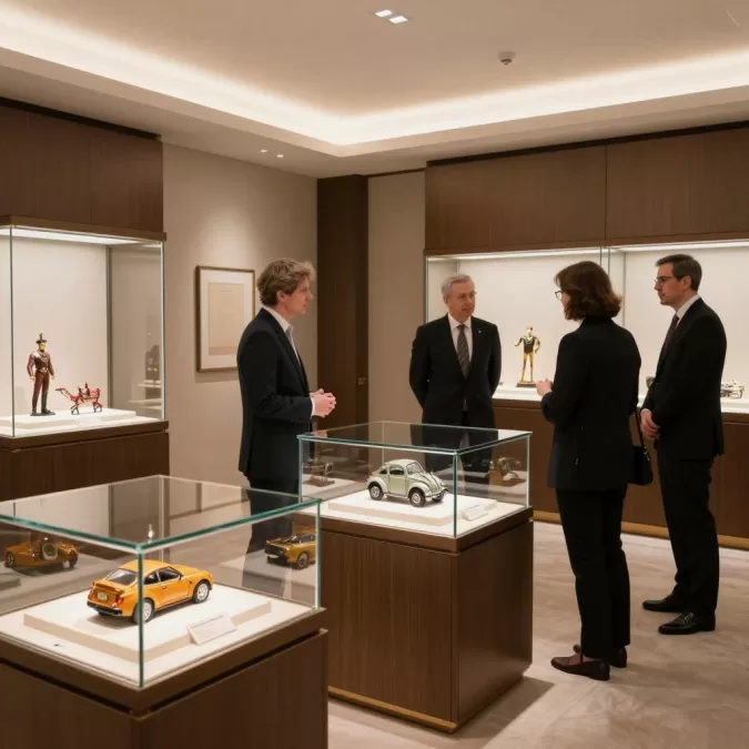 Luxury auction house with rare toys on display for exclusive sale