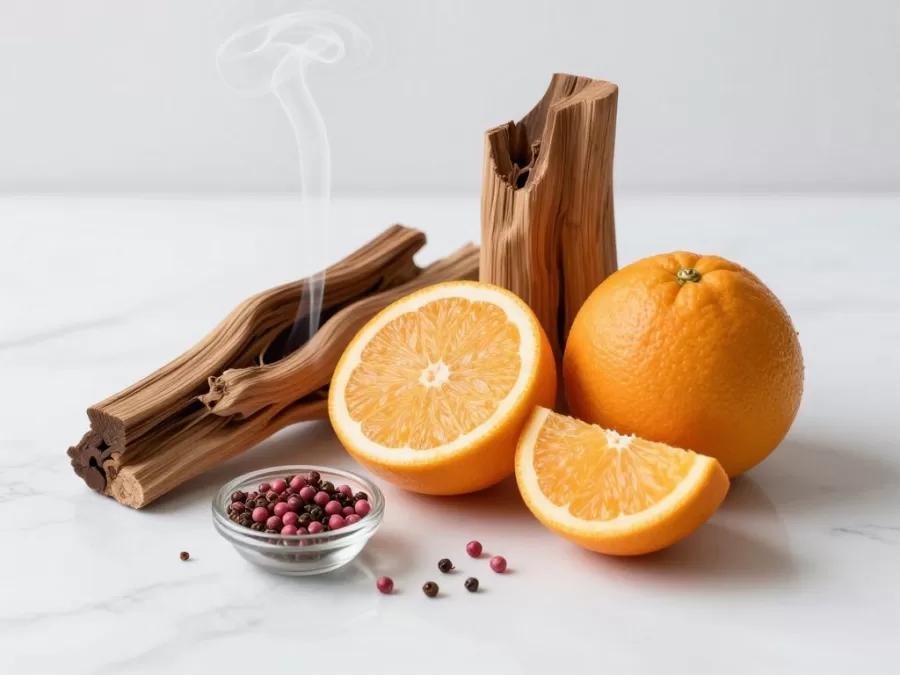Luxury citrus and woody ingredients on marble